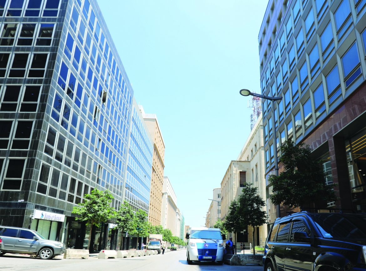A general view shows a street hosting banks and financial institutions, known as Banks street, in Beirut Central District